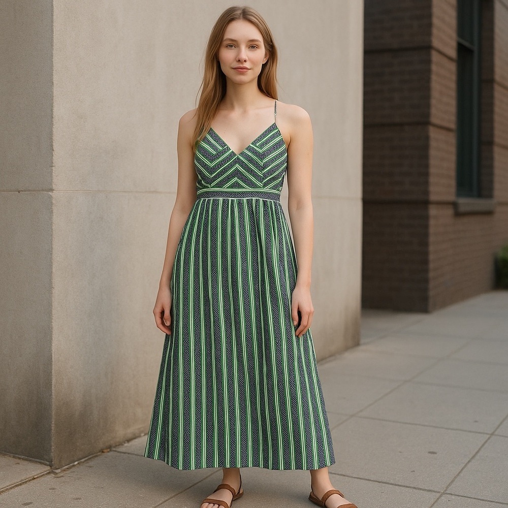 Anthropologie Green and White Spaghetti Strap Sundress
